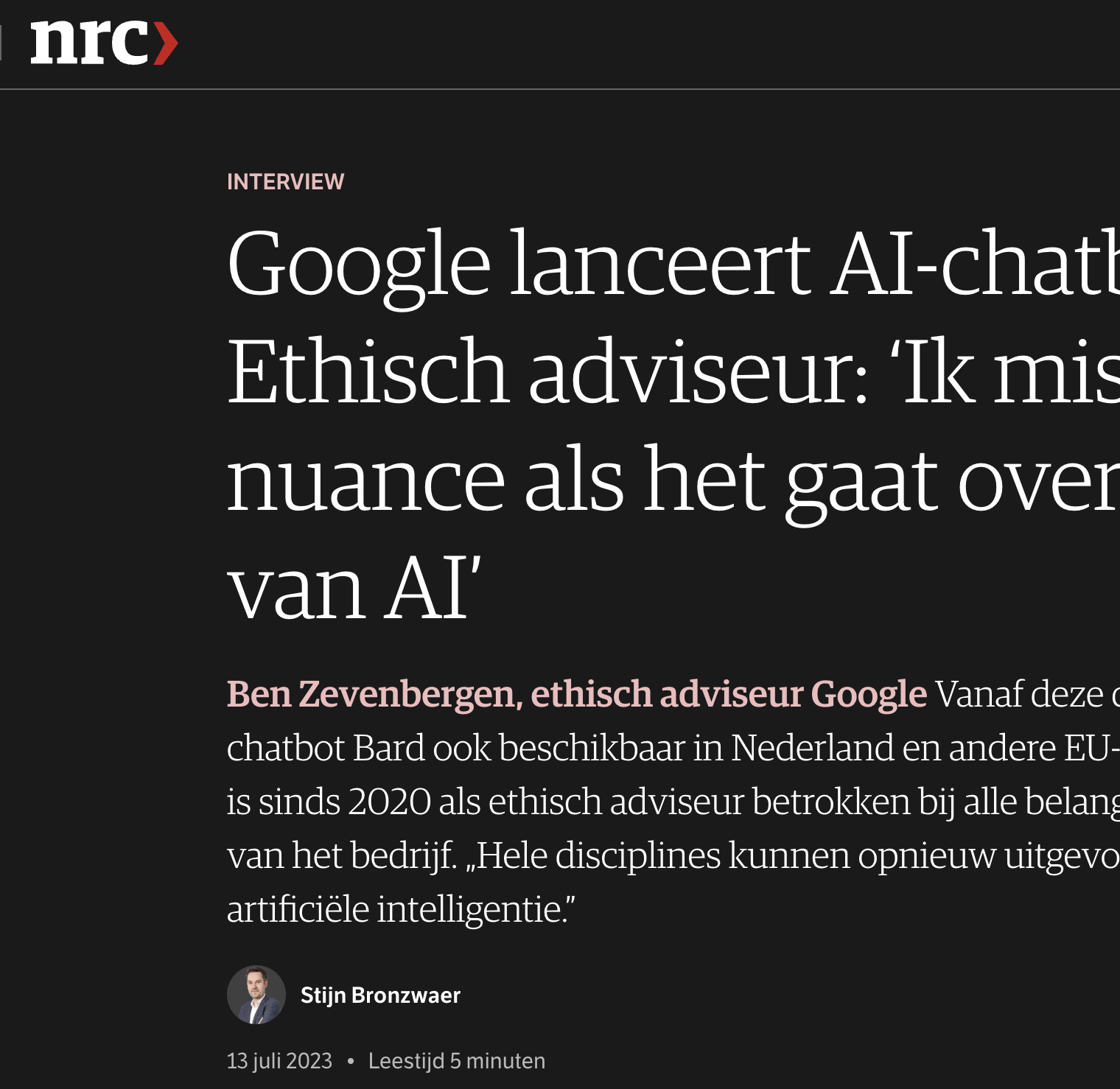 NRC interview: Google lanceert AI-chatbot in EU. Ethisch adviseur: 'Ik mis de nuance als het gaat over het risico van AI'